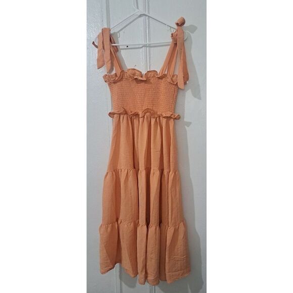 Vici Womens Small Midi Tiered Peach Papaya Ruched Tie Shoulder Dress - Picture 4 of 7